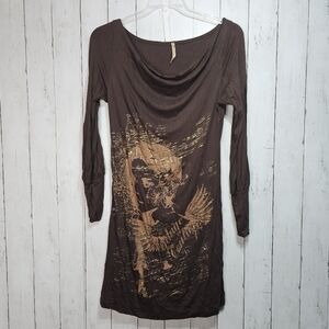 Estam Womens Brown Vintage Couture Y2K Tunic Size Large Gold Graphics Rayon Knit